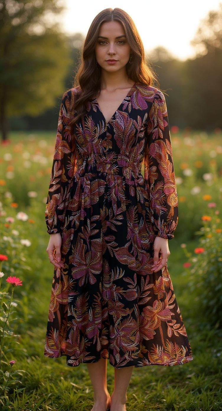 Leaf Print V-Neck Midi Dress
