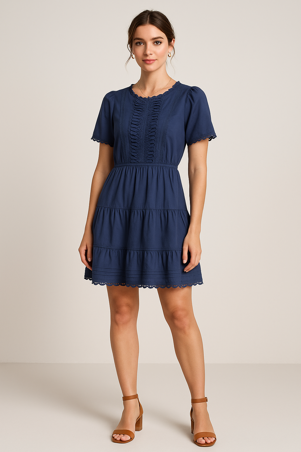 Short Sleeve Woven Tiered Mini Dress