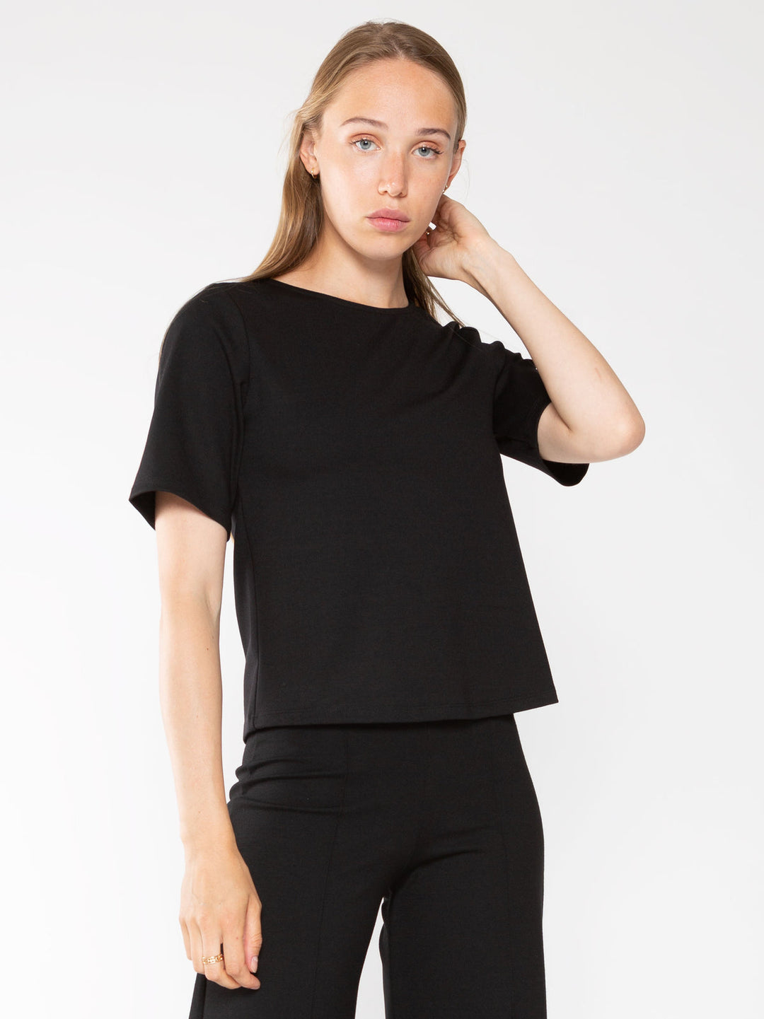 Black Ponte Knit Short Sleeve Top: Extended