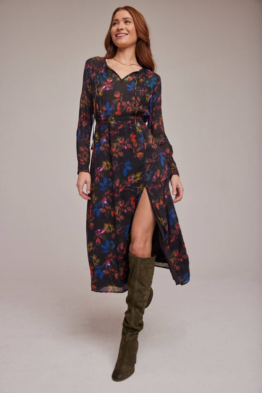 Tie Neck Midi Dress With Slit