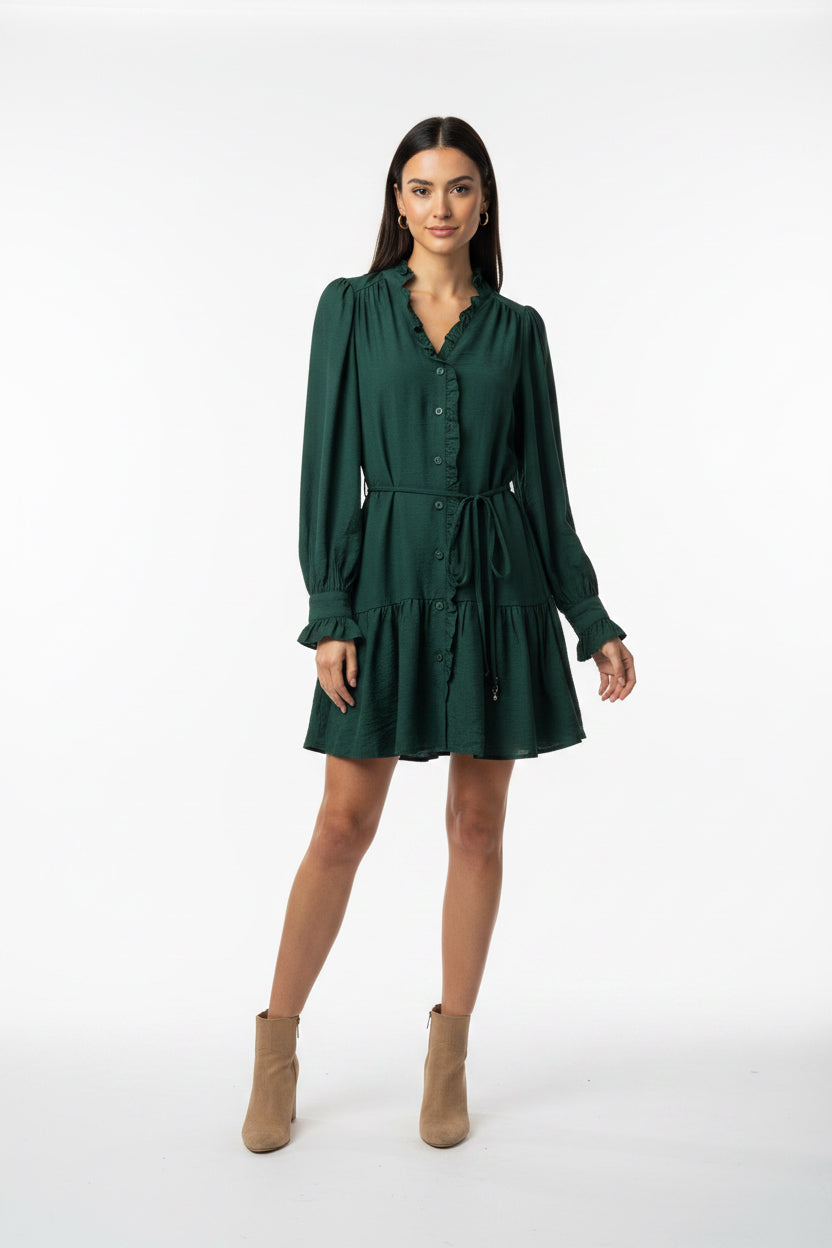 LONG SLEEVE MINI DRESS WITH FRILLS AND SKINNY WAIST TIE