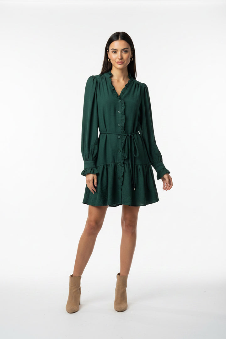 LONG SLEEVE MINI DRESS WITH FRILLS AND SKINNY WAIST TIE