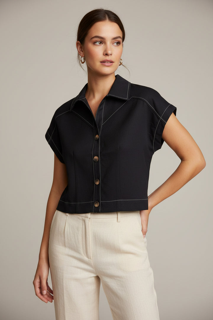 BUTTON DOWN CROP TOP WITH STITCHING DETAIL