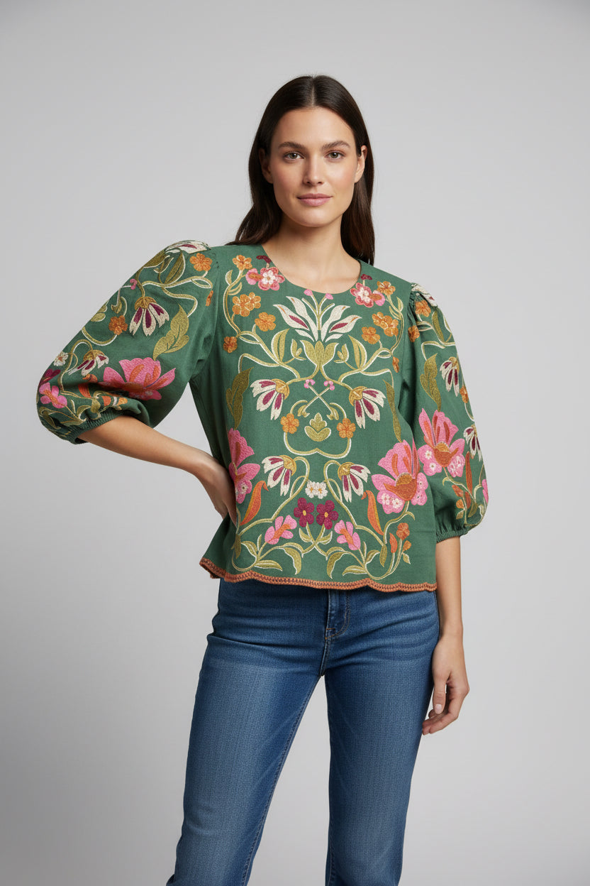 FLOWER EMBROIDERED DETAIL TOP