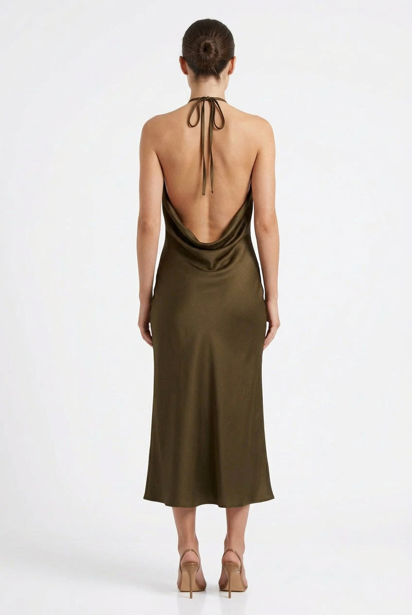SATIN HALTER BIAS CUT MIDI SLIP DRESS