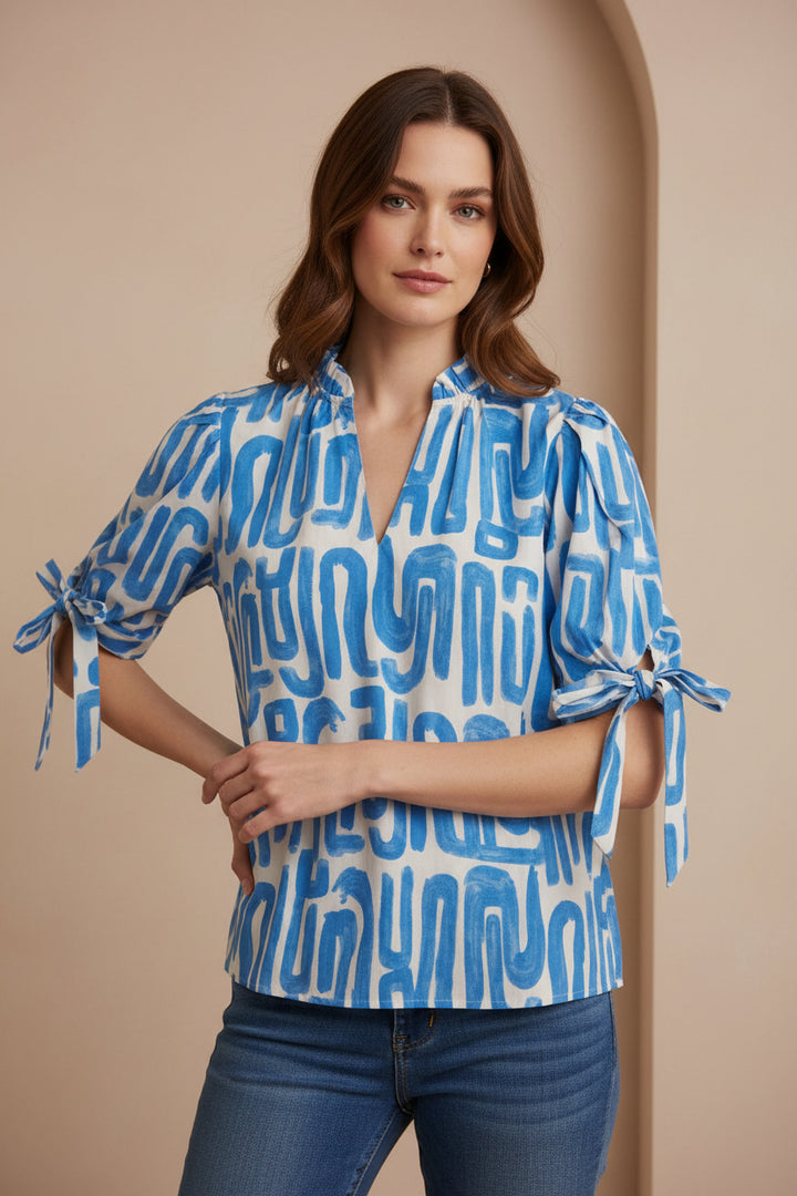 Short Sleeve Abstract Pattern V-Neck Top