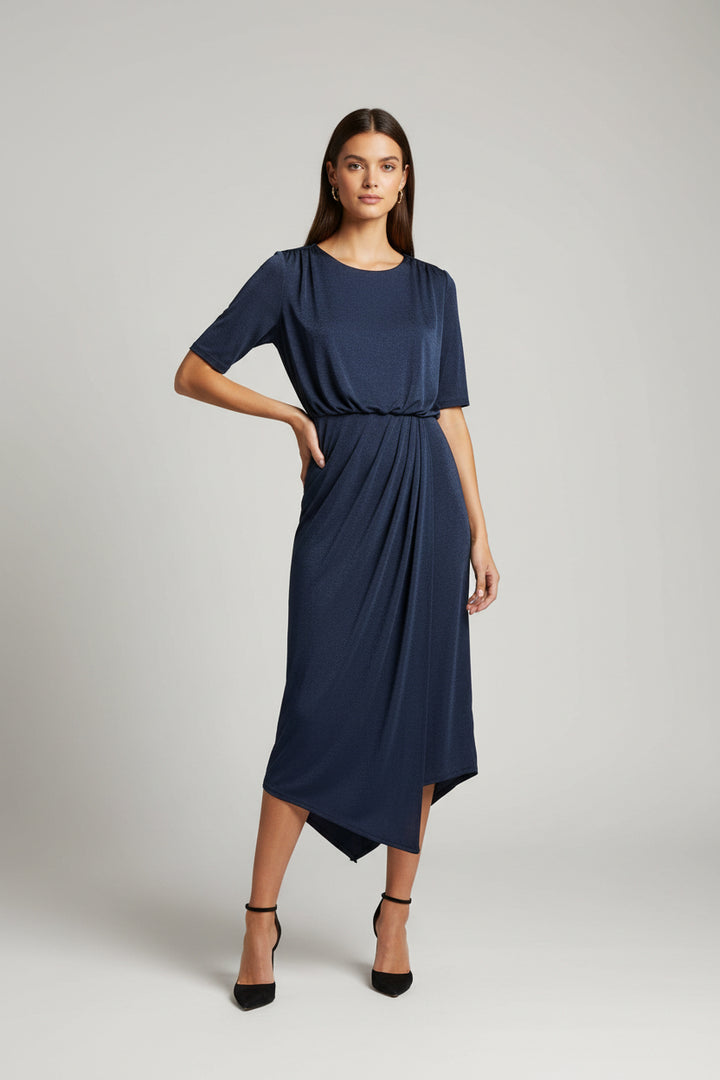 ROUND NECK ELBOW SLEEVE BLOUSON FAUZ WRAP KNEE LENGTH DRESS