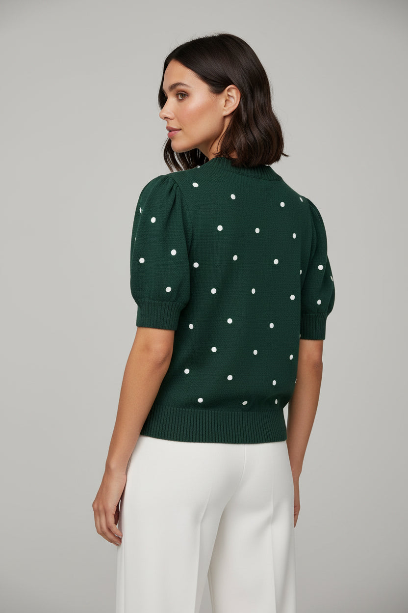 ROUND NECK PUFF SHORT SLEEVE "POLKA DOT" EMBROIDERED SWEATER TOP