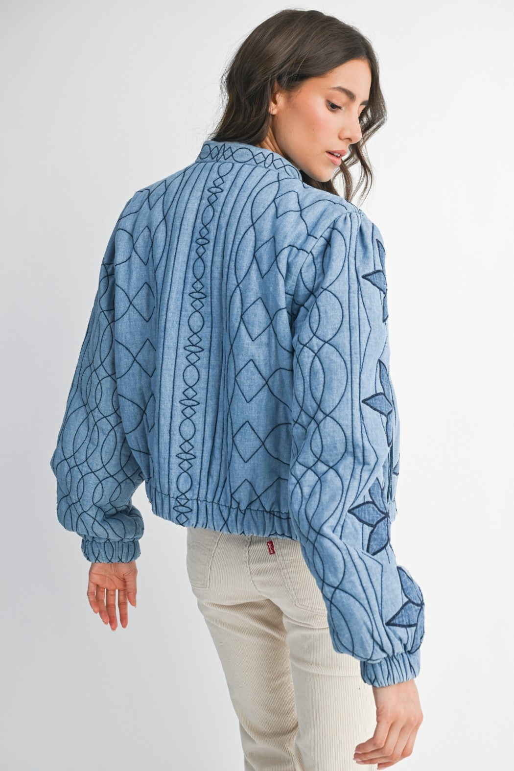 Flower and Scallop Stitched Quilted Jacket