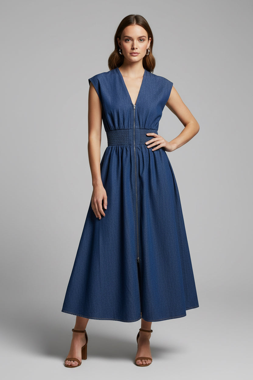 DROP SHOULDER SMOCKED WAIST WASHED DENIM MIDI DRESS WITH FRONT ZIPPER AND POCKETS