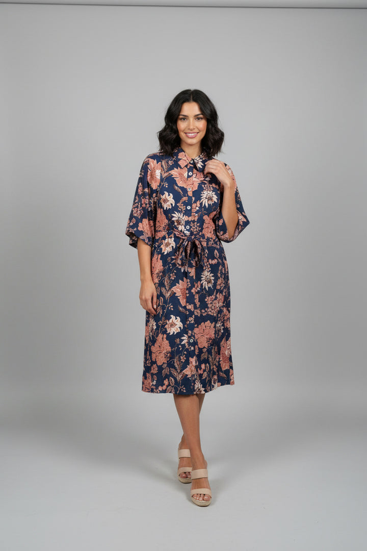 LONG SLEEVE FLORAL PATTERN BUTTON DOWN DRESS