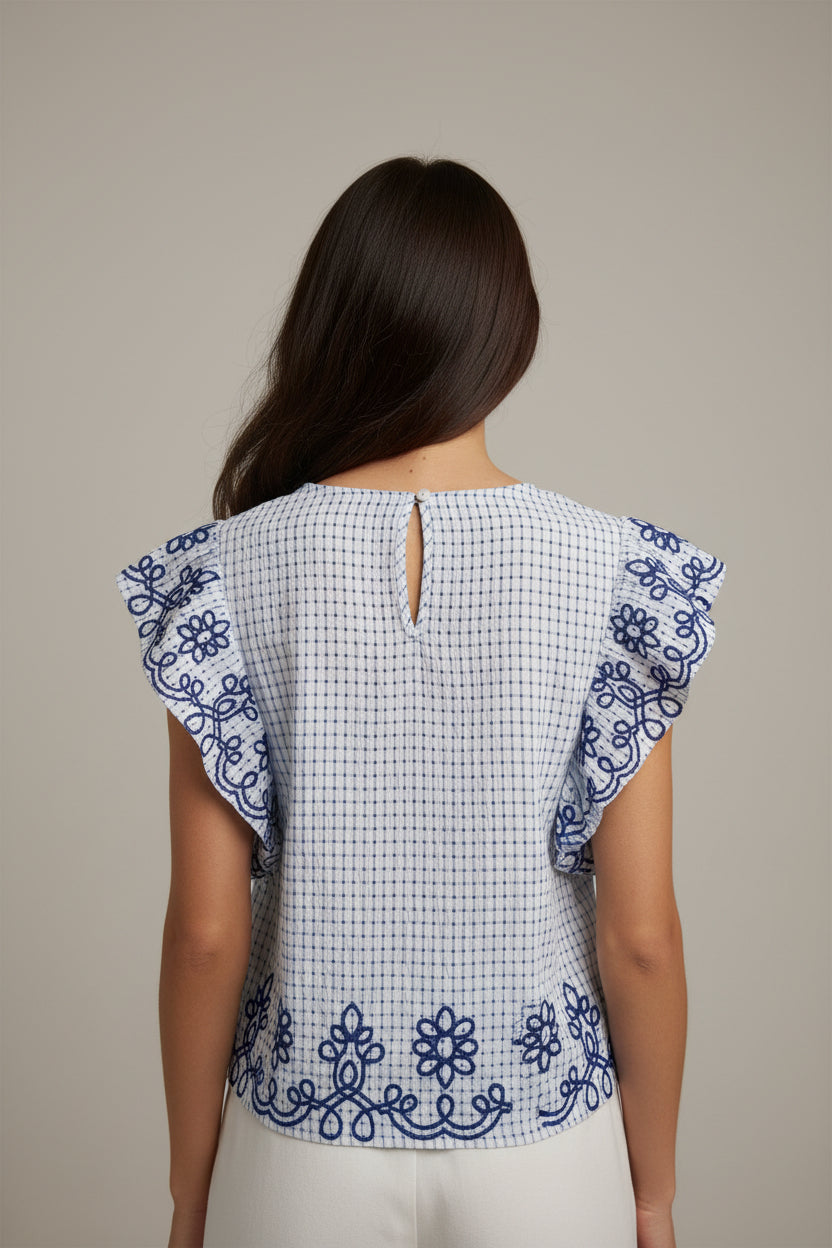 FLUTTER SLEEVE CHECKERED PATTERN EMBROIDERY TOP