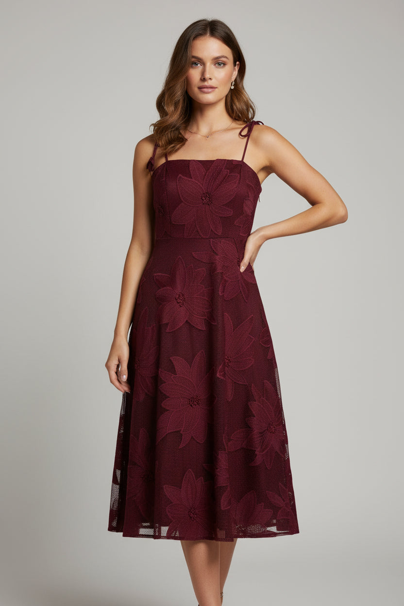 WOVEN LACE APPLIQUE MIDI DRESS