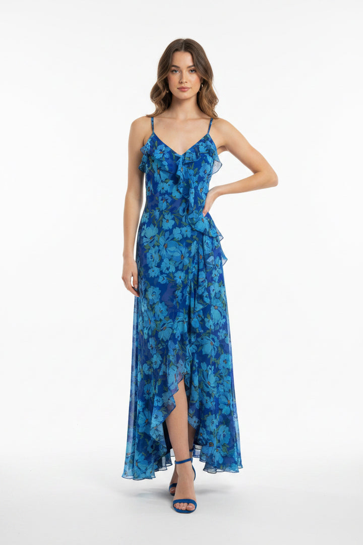 RUFFLE DETAIL THIN STRAP MAXI DRESS