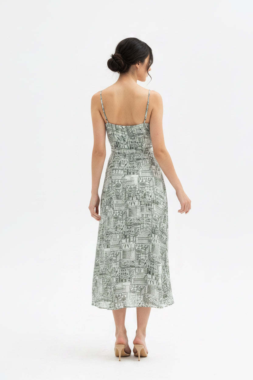 THIN STRAP EUROPEAN ARCHITECTURE PRINT DRESS