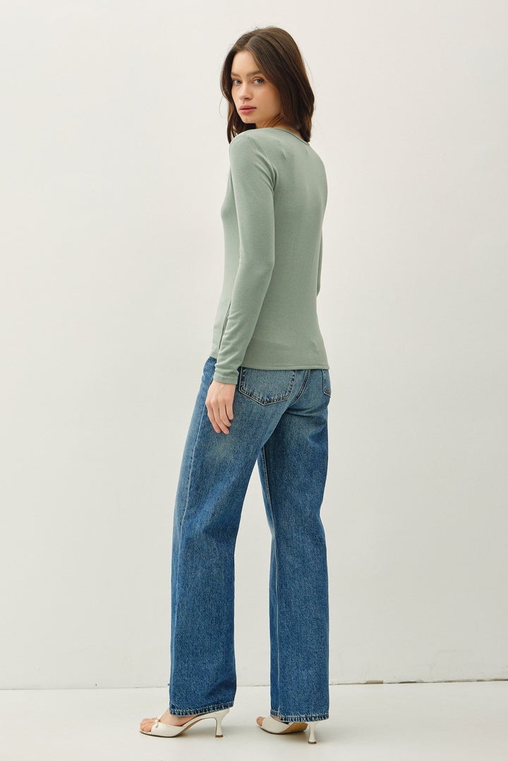 Notched Neckline Basic Long Sleeve Tee