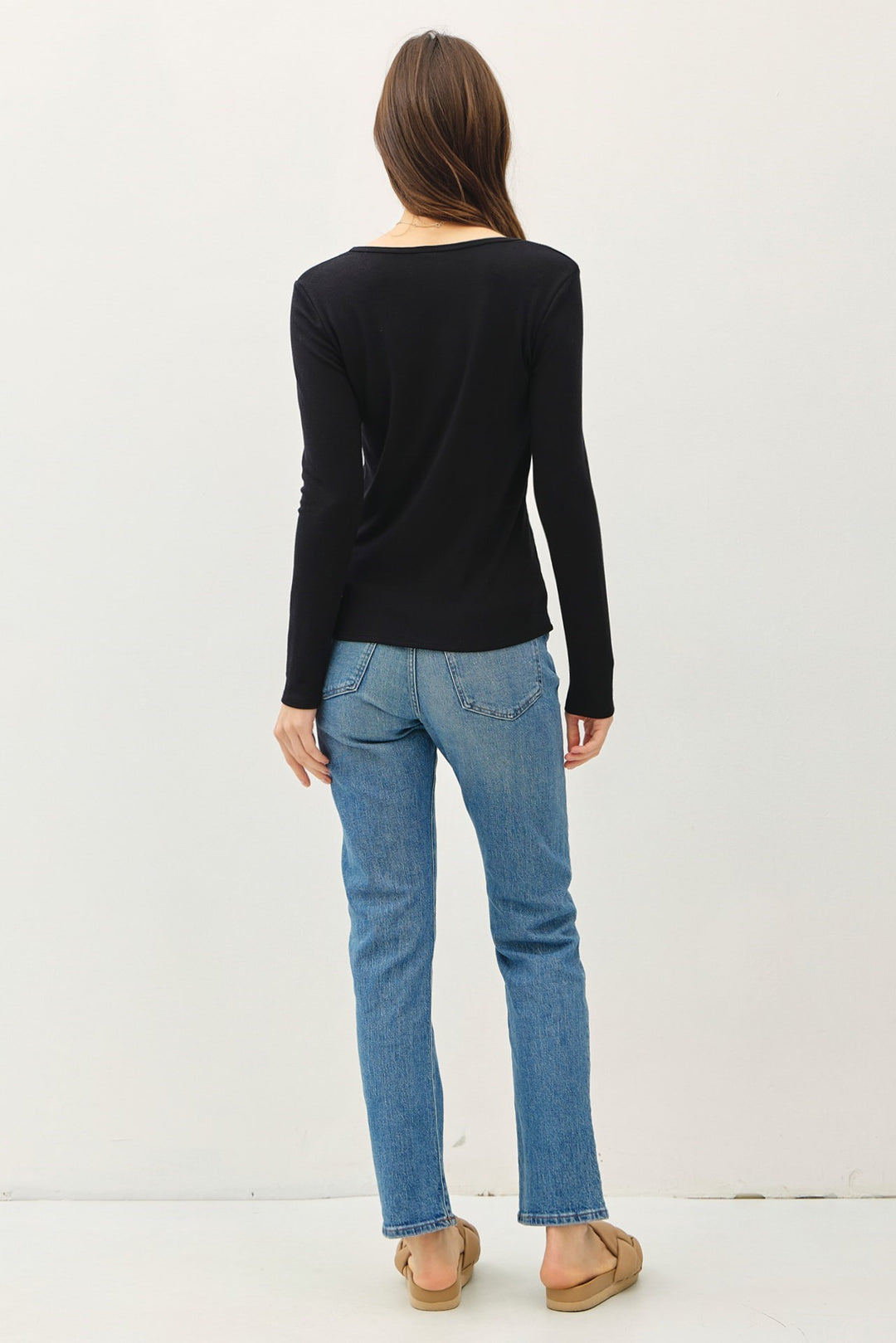 Notched Neckline Basic Long Sleeve Tee