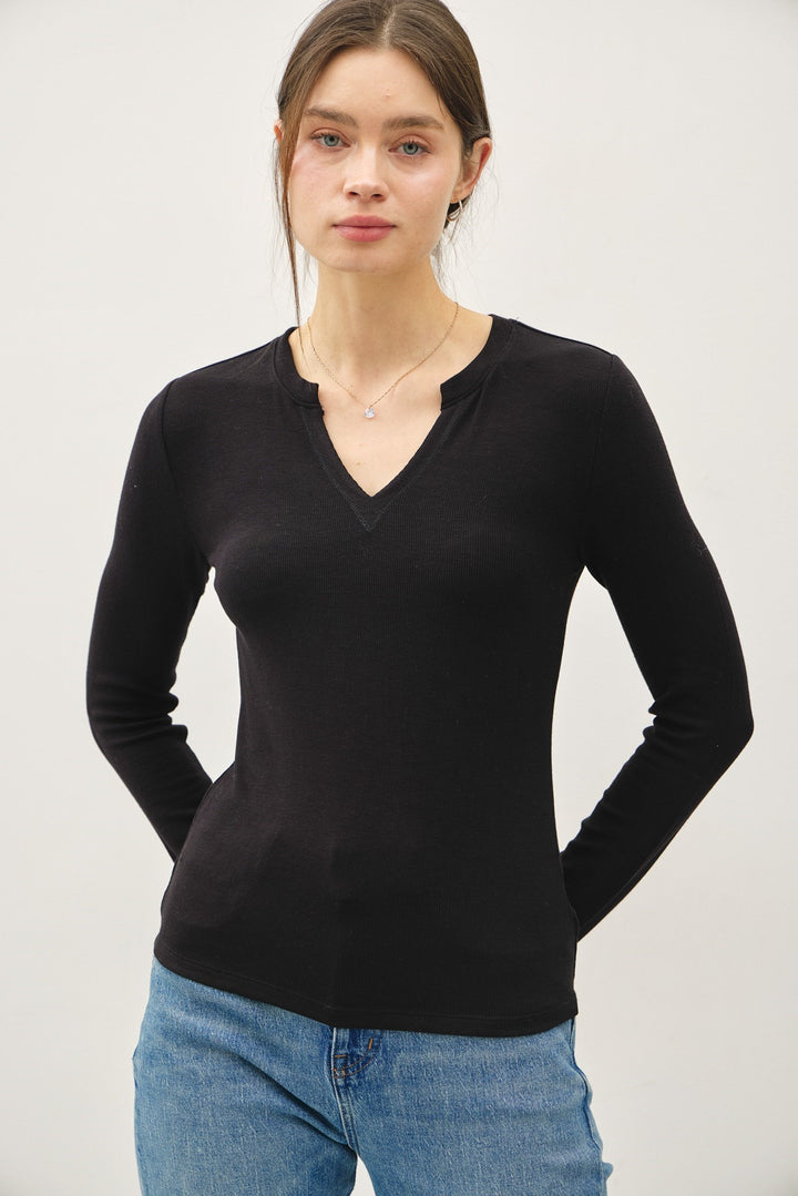 Classic Ribbed Notched V-Neck Long Sleeve Basic Top