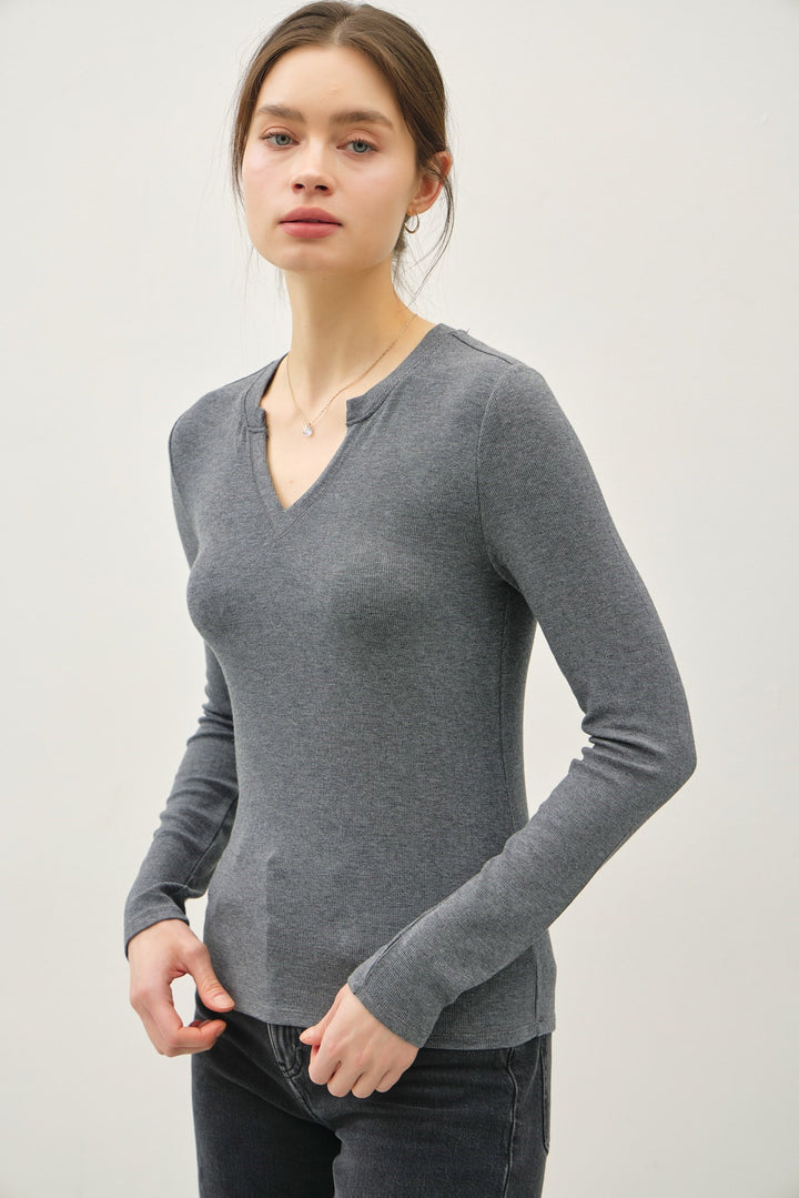 Classic Ribbed Notched V-Neck Long Sleeve Basic Top