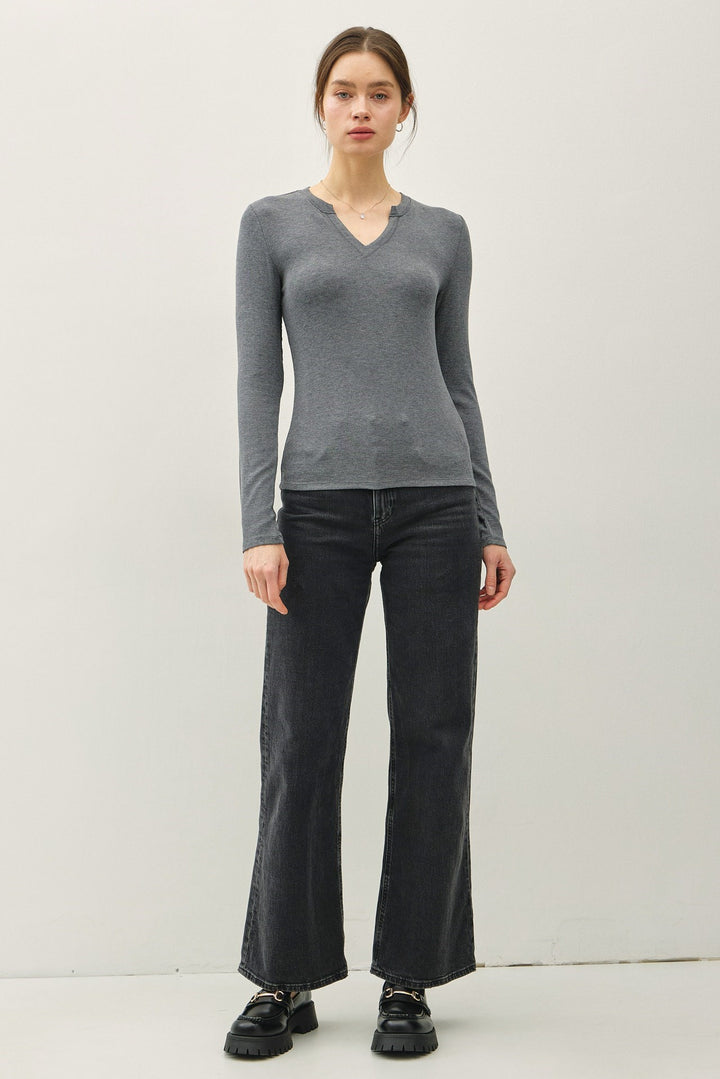 Classic Ribbed Notched V-Neck Long Sleeve Basic Top