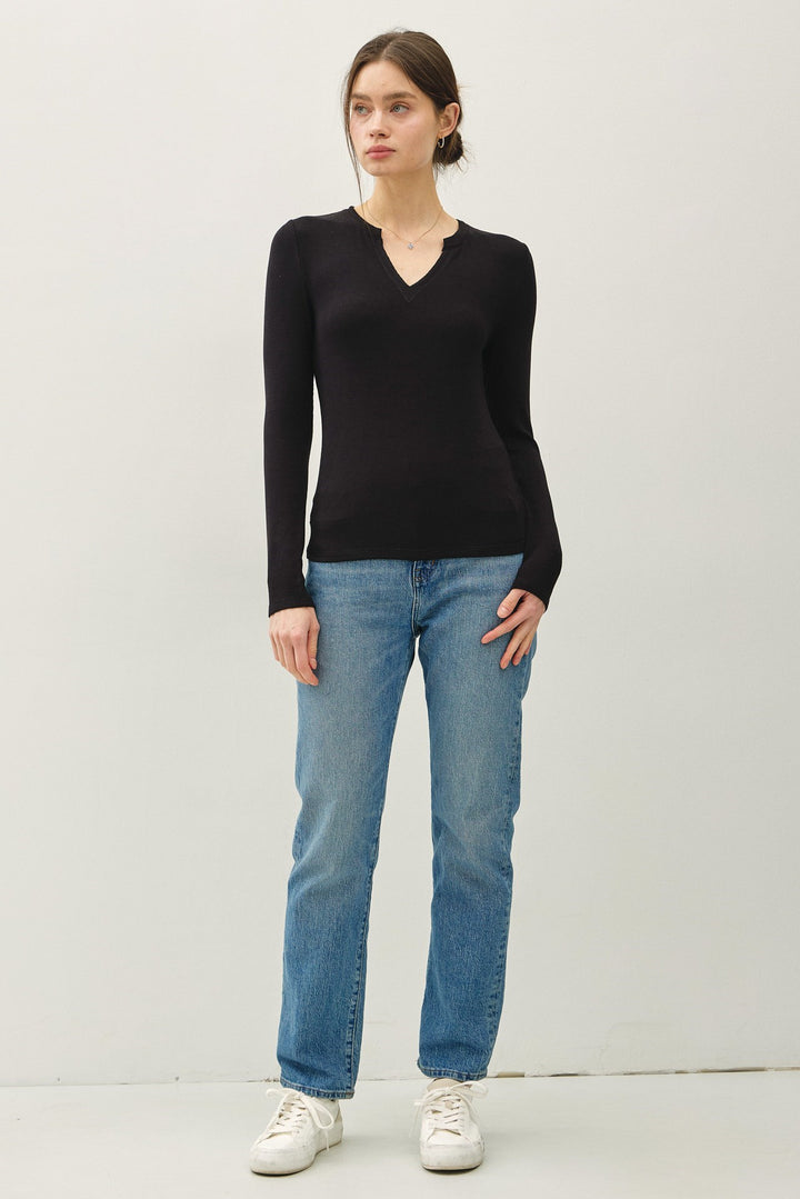 Classic Ribbed Notched V-Neck Long Sleeve Basic Top