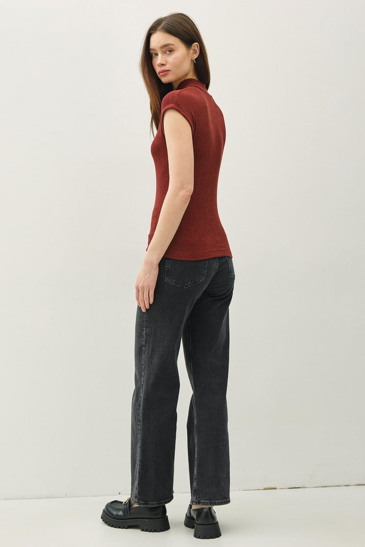 Classic Ribbed Cap Sleeve Mockneck Basic Top
