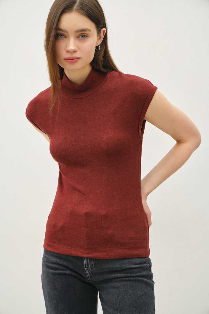 Classic Ribbed Cap Sleeve Mockneck Basic Top