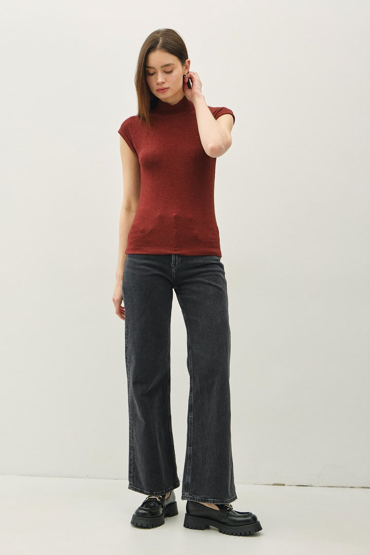 Classic Ribbed Cap Sleeve Mockneck Basic Top