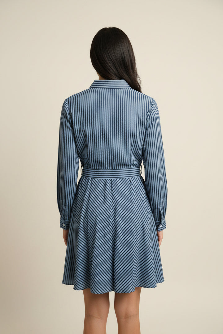 LONG SLEEVE BUTTON DOWN STRIPED MINI DRESS WITH POCKETS