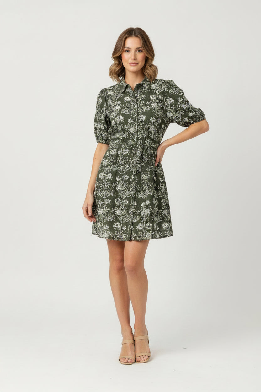 FLORAL EMB CINCHED WAISTLINE WIDE CUT SHORT SLEEVE MINI DRESS