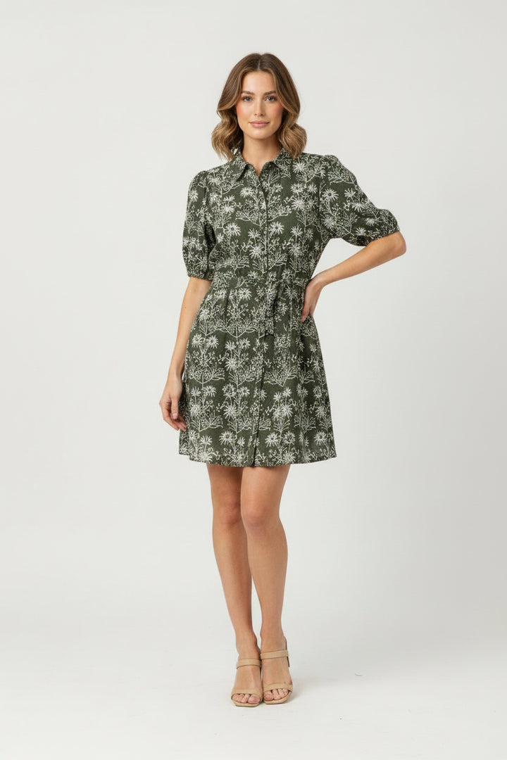 FLORAL EMB CINCHED WAISTLINE WIDE CUT SHORT SLEEVE MINI DRESS