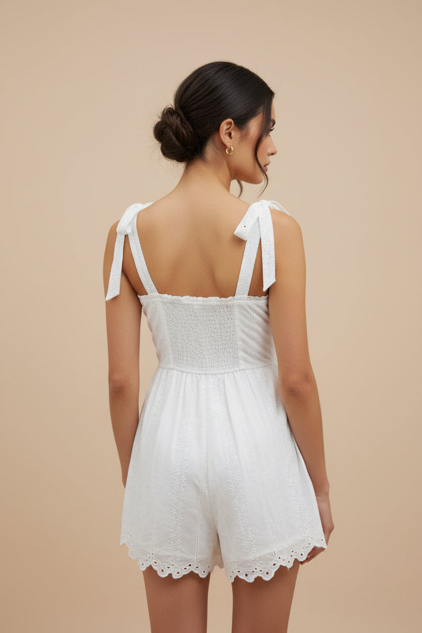 EYELET ROMPER WITH TIE STRAPS