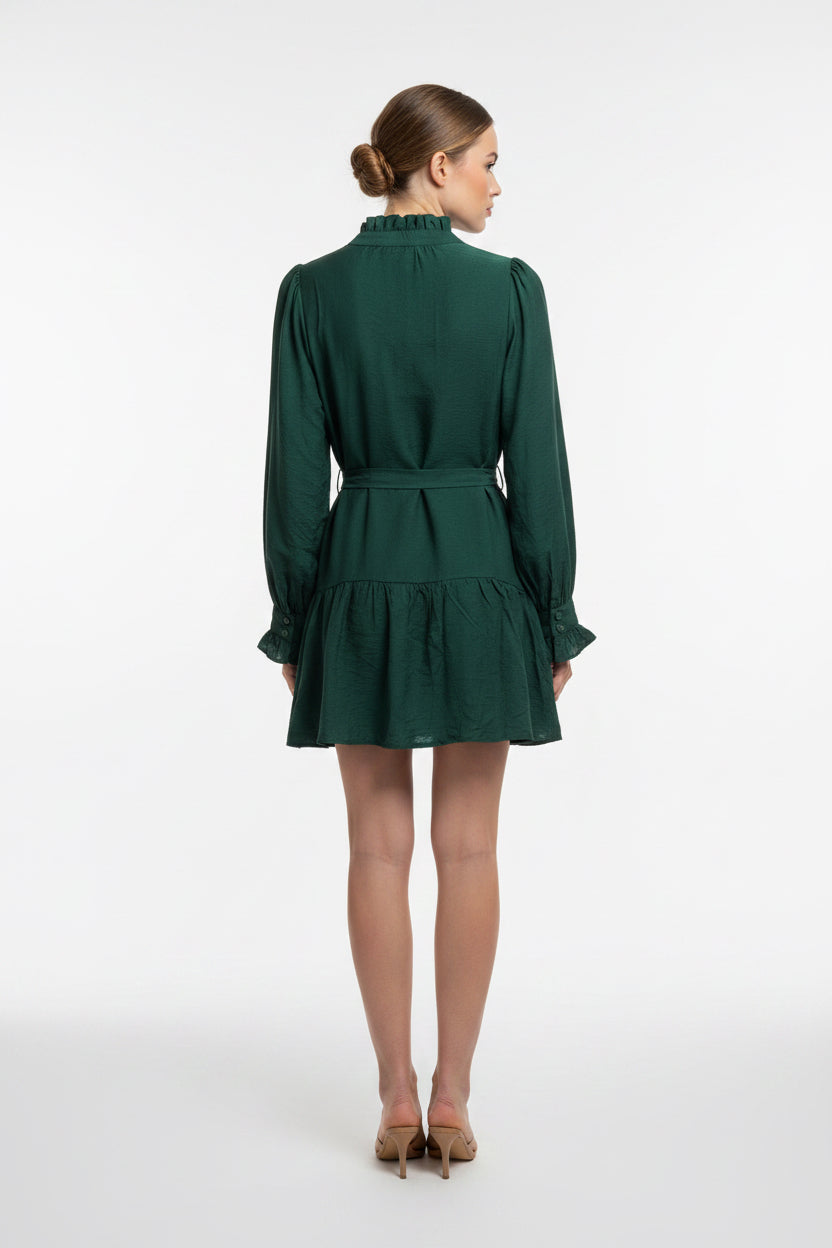 LONG SLEEVE MINI DRESS WITH FRILLS AND SKINNY WAIST TIE