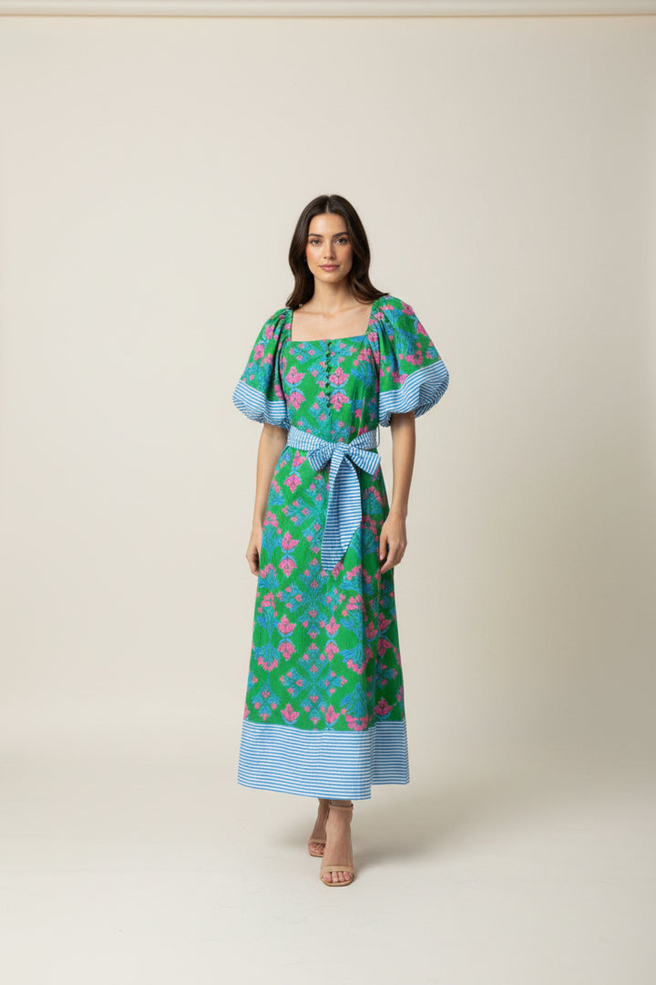 PUFF SLEEVE AND BELTED KNEE LENGTH DRESS