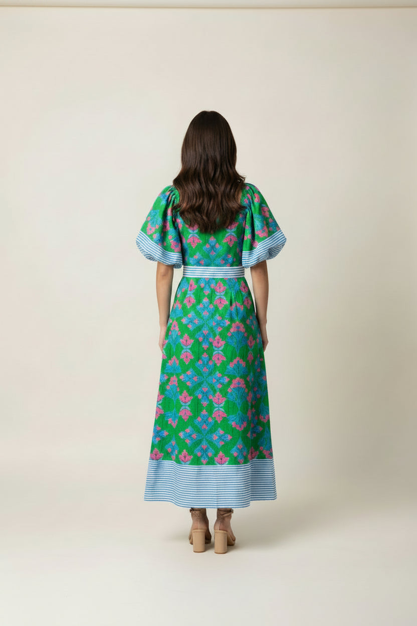 PUFF SLEEVE AND BELTED KNEE LENGTH DRESS