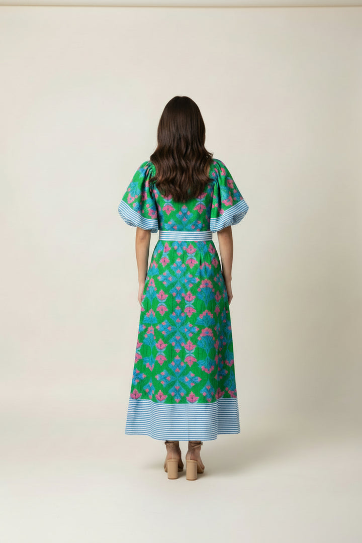 PUFF SLEEVE AND BELTED KNEE LENGTH DRESS