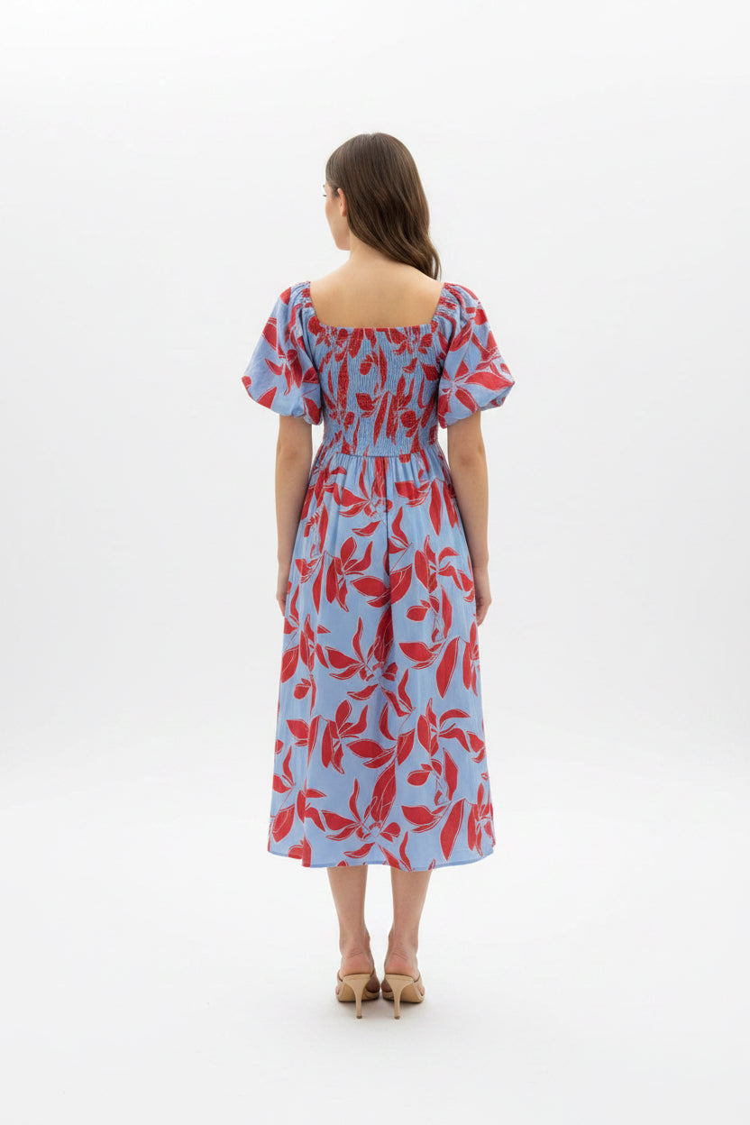 SMOCKED BACK BUBBLE SLEEVE MIDI DRESS