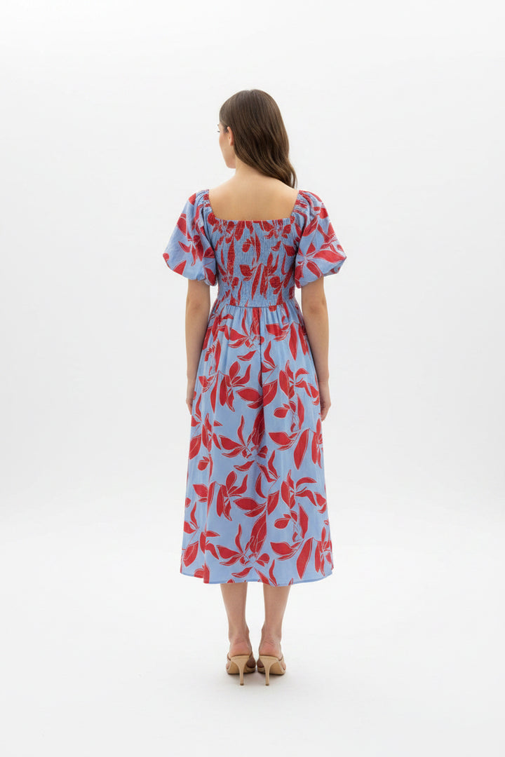SMOCKED BACK BUBBLE SLEEVE MIDI DRESS