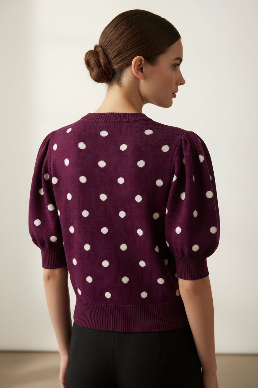 ROUND NECK PUFF SHORT SLEEVE "POLKA DOT" EMBROIDERED SWEATER TOP