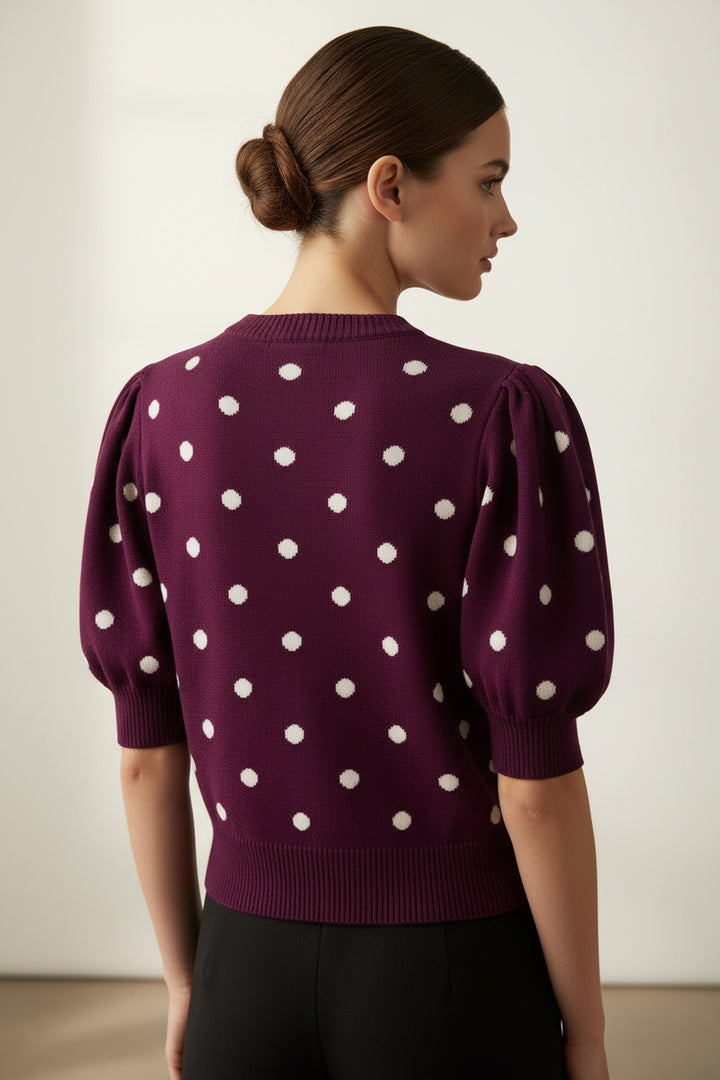 ROUND NECK PUFF SHORT SLEEVE "POLKA DOT" EMBROIDERED SWEATER TOP