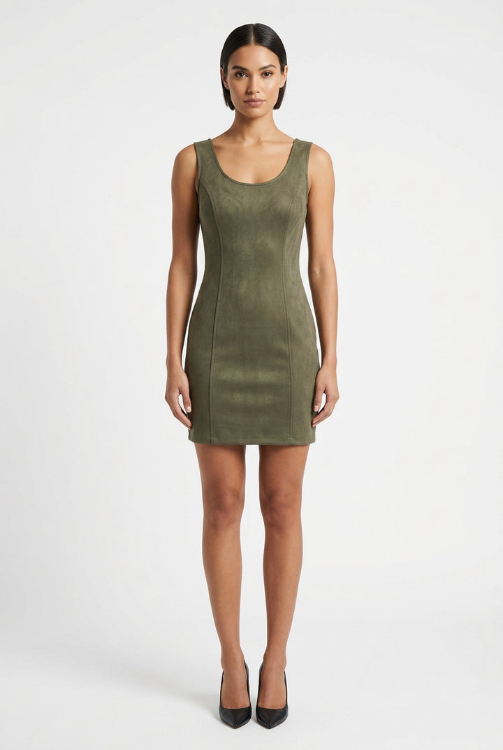 BOAT NECK SLEEVELESS SUEDE MINI DRESS