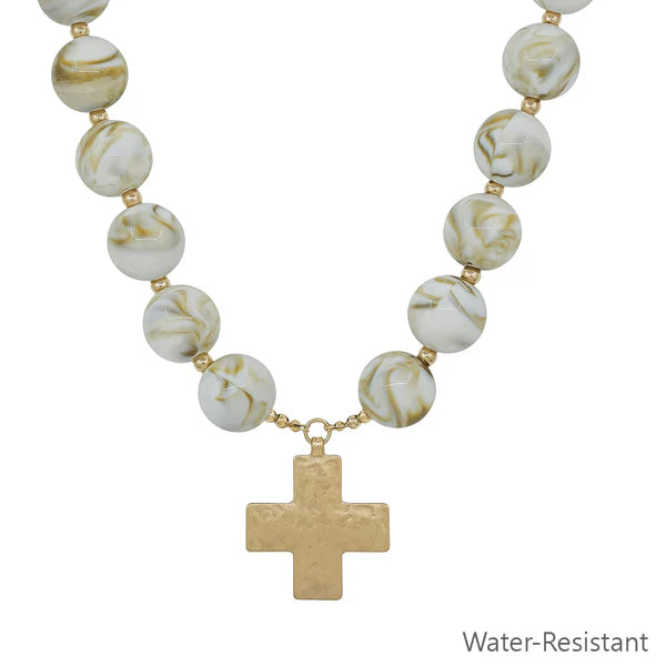 20MM BEADED WITH HAMMER GOLD CROSS MAGNETIC CLOSURE NECKLACE