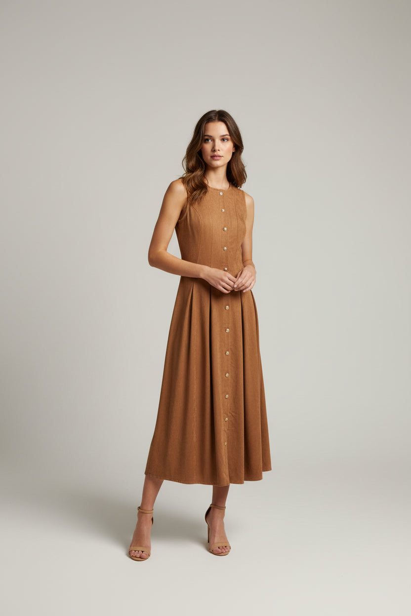 SLEEVELESS FAUX SUEDE MIDI DRESS