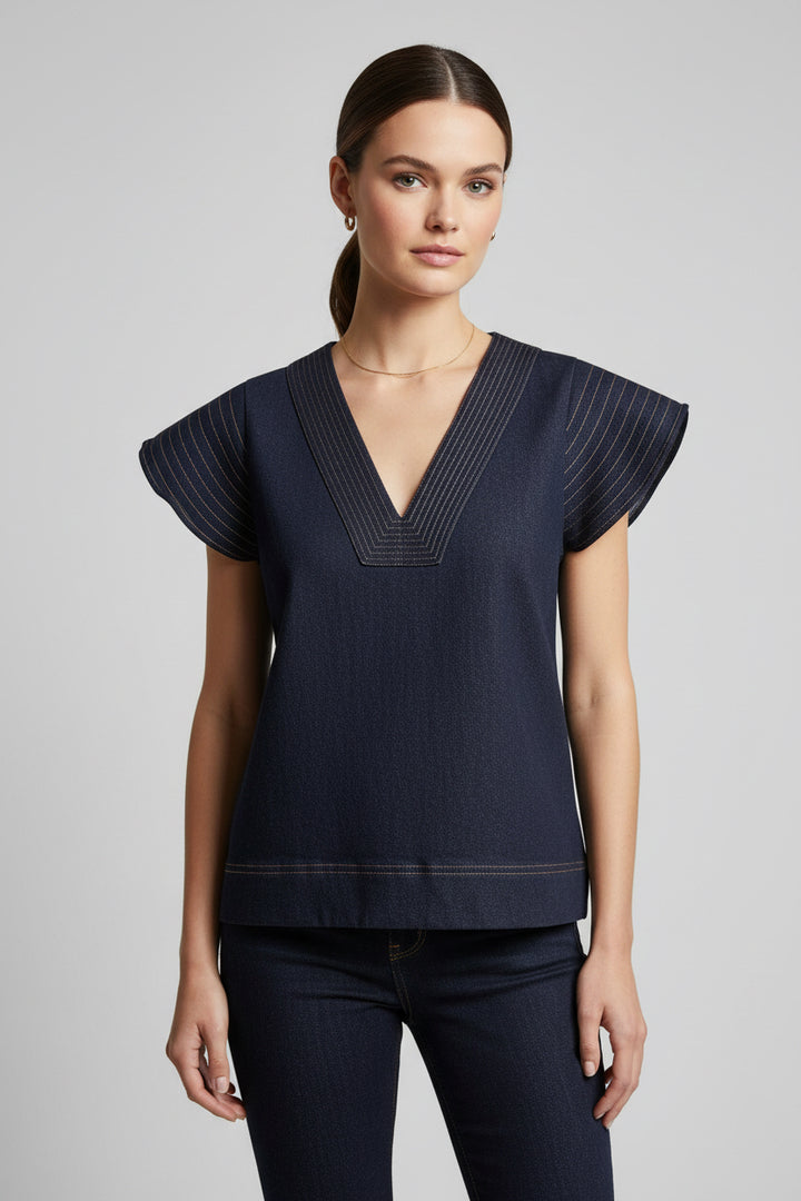 SHORT SLEEVE V-NECK DENIM TOP
