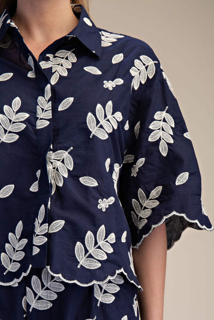 Collar Neck Button Down Eyelet Crop Shirt
