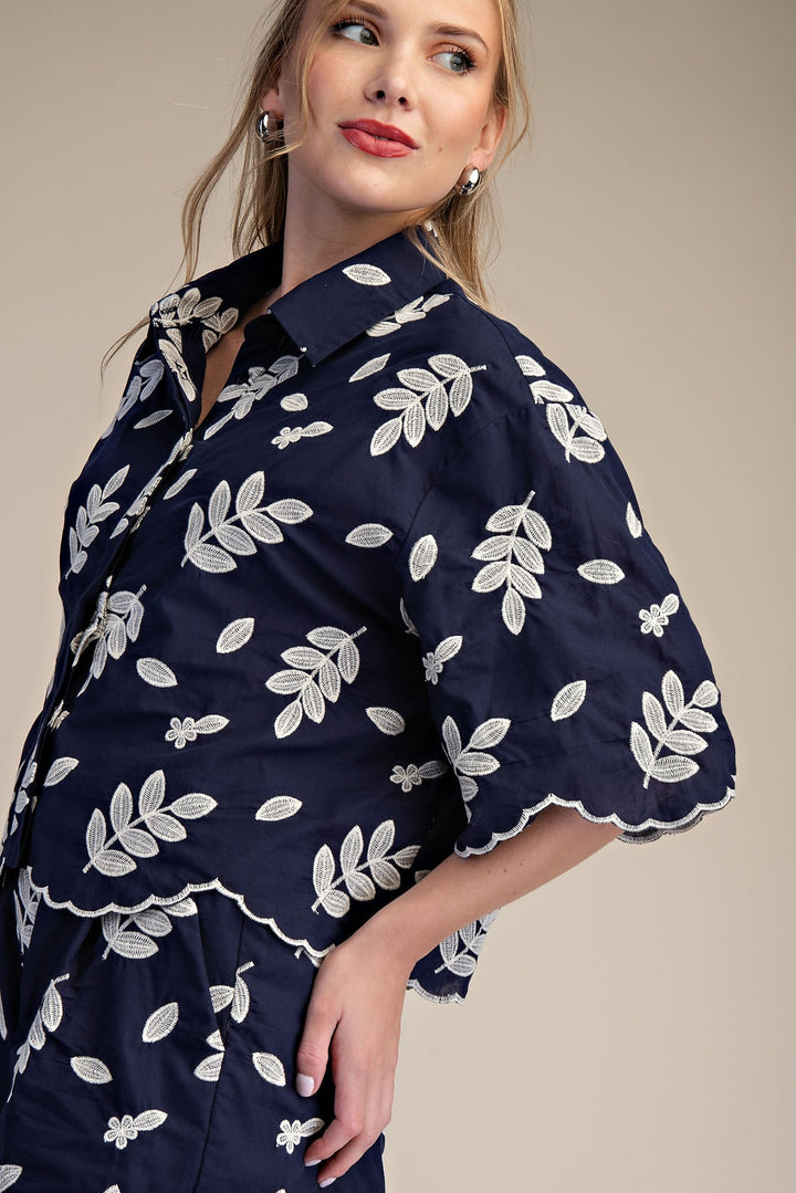 Collar Neck Button Down Eyelet Crop Shirt