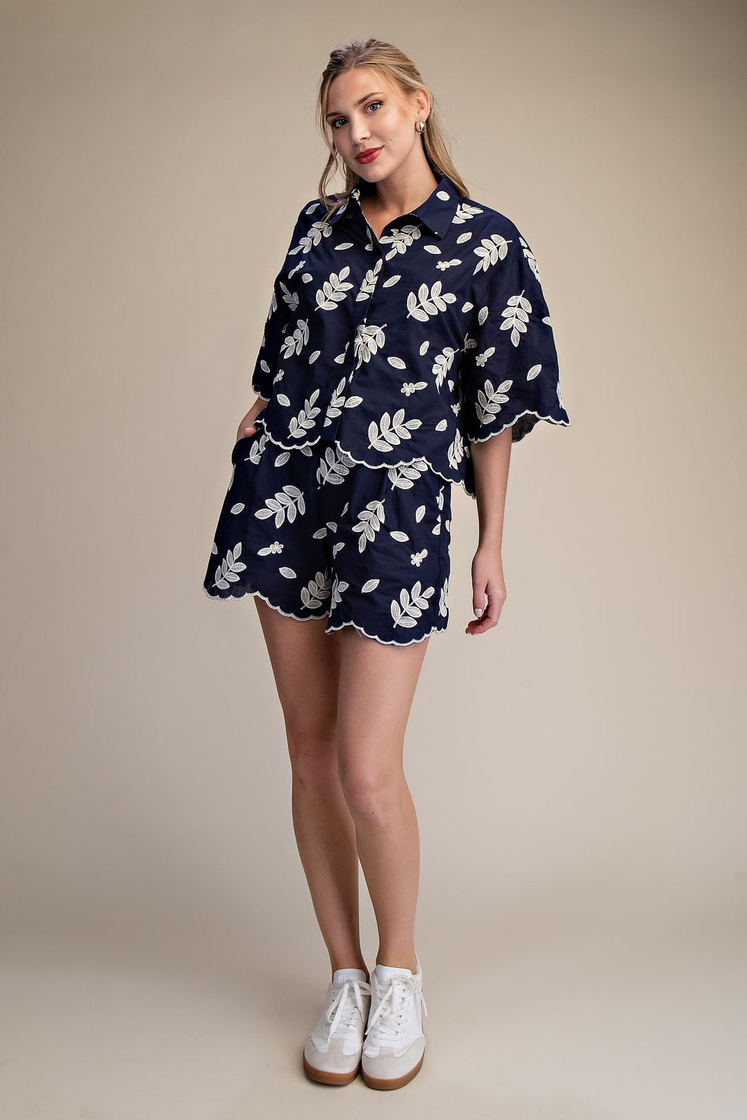 Collar Neck Button Down Eyelet Crop Shirt