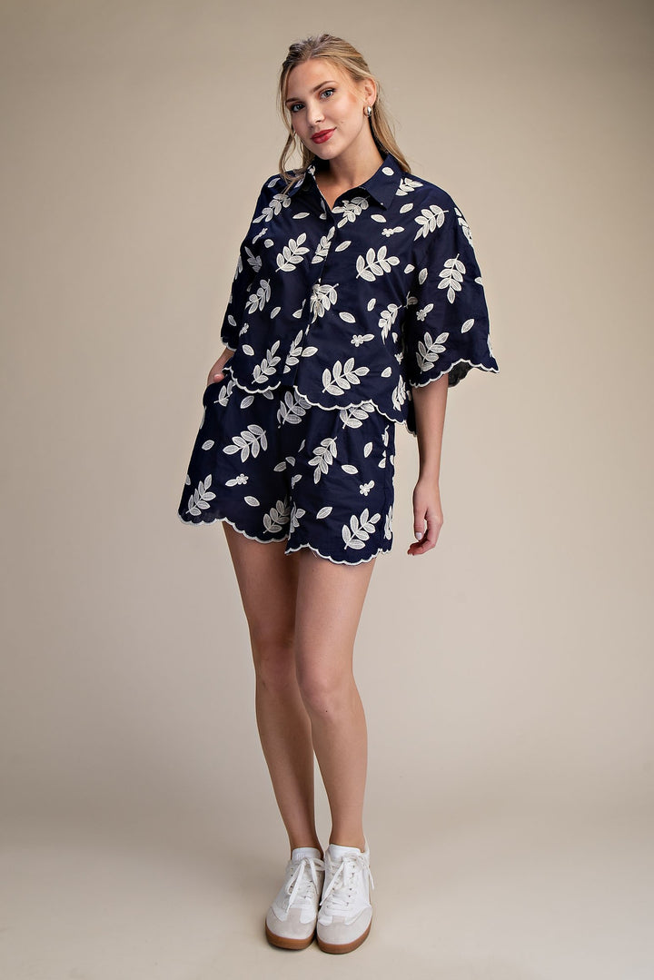 Collar Neck Button Down Eyelet Crop Shirt