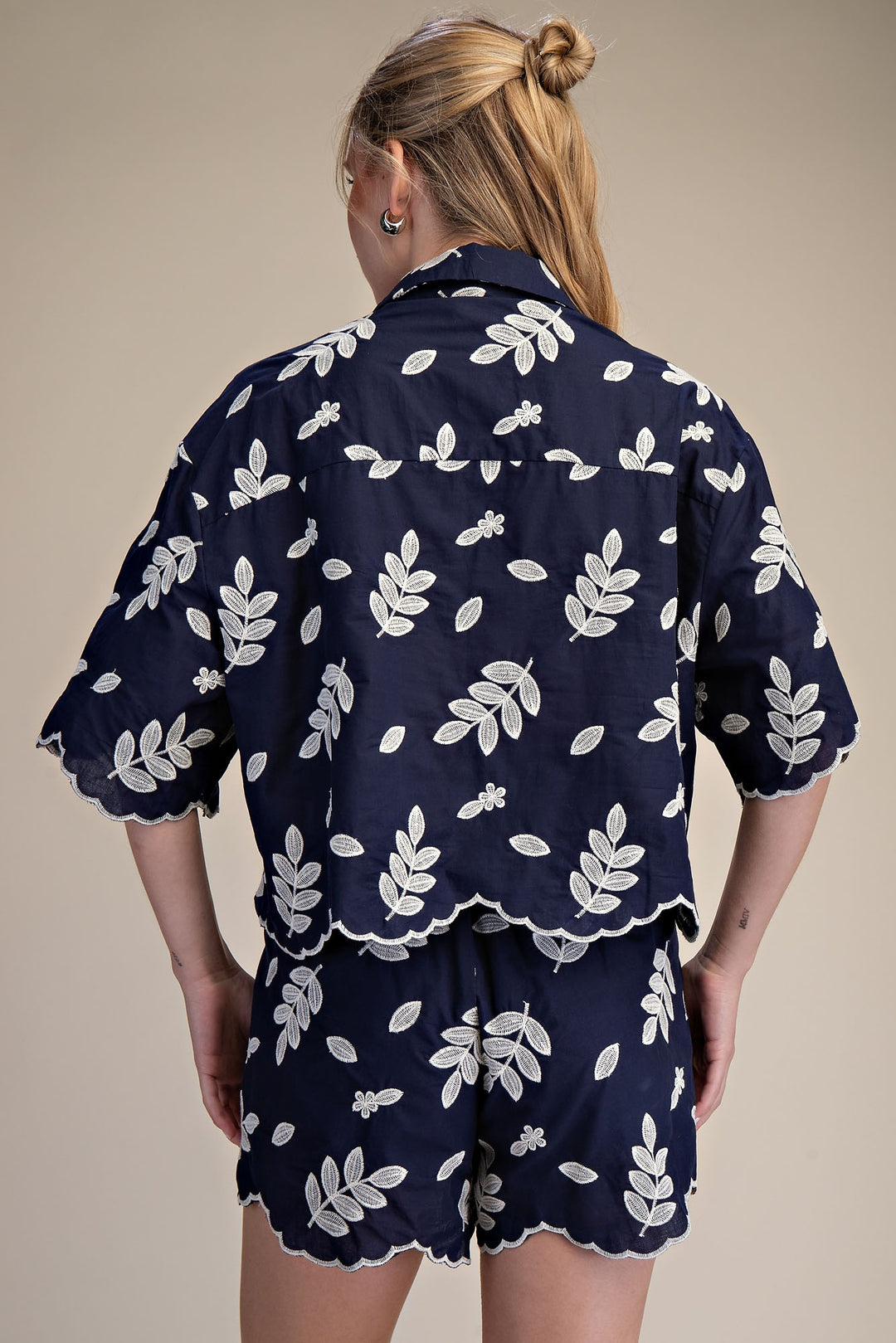 Collar Neck Button Down Eyelet Crop Shirt
