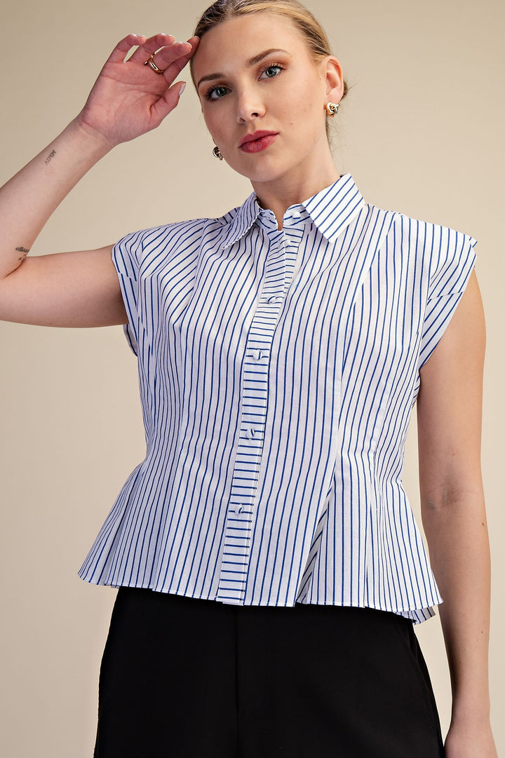 Sleeveless Button Down Pintuck Shirt